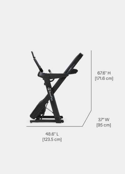 Treadmill 9 Folded Dimensions  - Length 48.6 inches, Width 37 inches, Height 67.6 inches